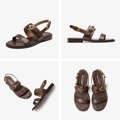 BeauToday Casual Buckle Leather Flat Sandals with Roud Design for Women