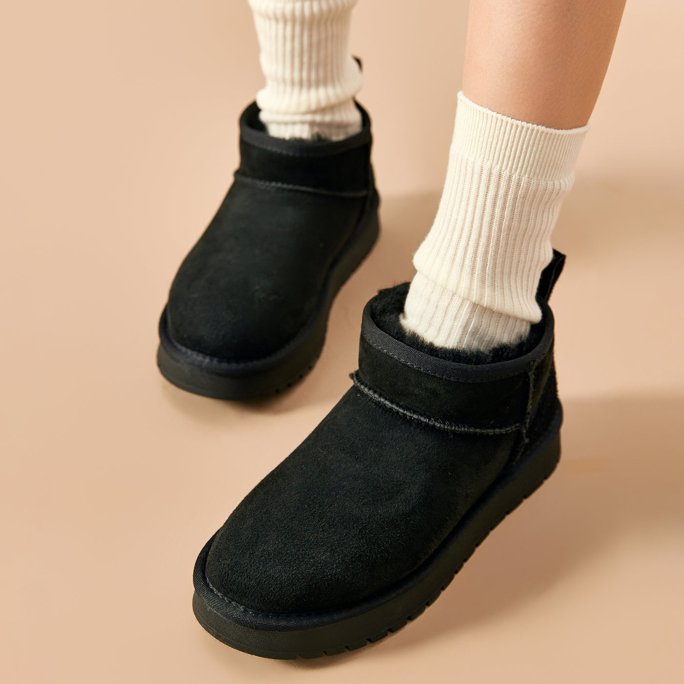 BeauToday Women's Wool Fur Lined  Mini Platform Ankle Boots