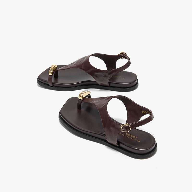 BeauToday Women's Genuine Leather Flat Sandals with Clip Metallic Toe Ring