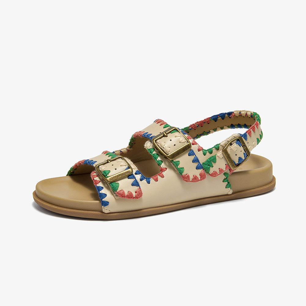 Beau Today Women's Leather Sandals with Handmade Embroidered Crochet sandals