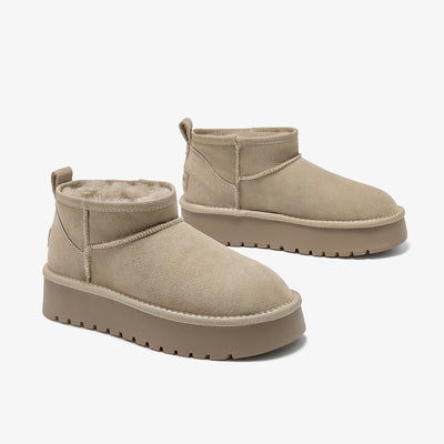 BEAU TODAY Womens Platform  Mini Boots Pull-on Snow Boots with Genuine Sheepskin Mini Boots for Winter