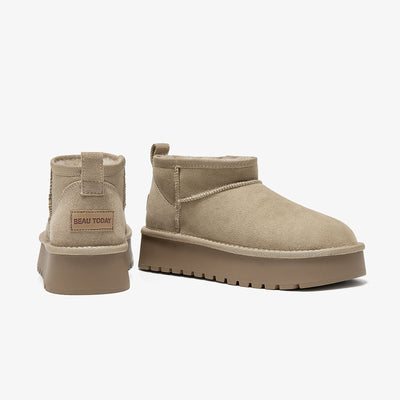 BEAU TODAY Womens Platform  Mini Boots Pull-on Snow Boots with Genuine Sheepskin Mini Boots for Winter