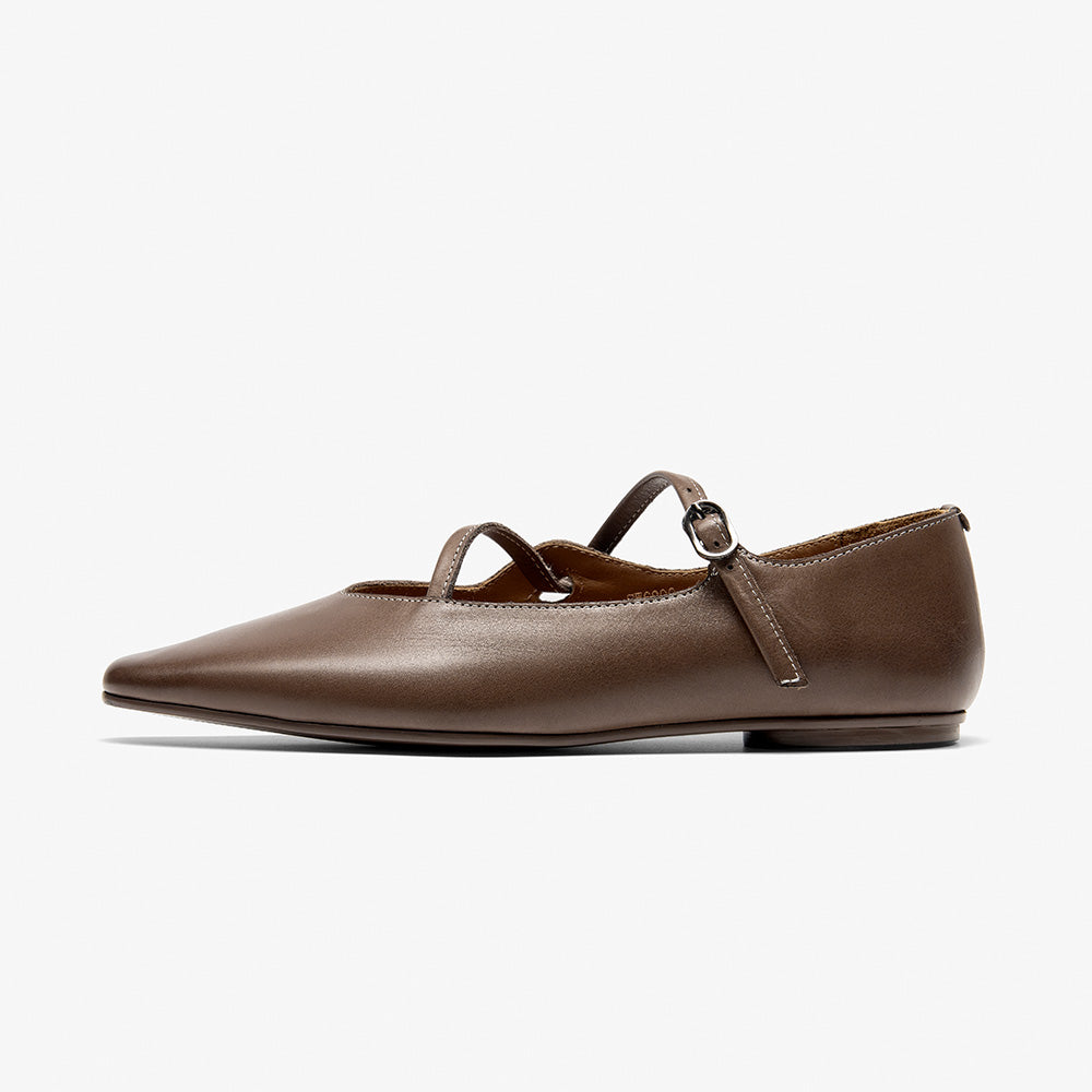 BeauToday Horsehide Pointed Toe Mary Janes Flats with Strappy Design for Women