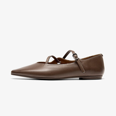 BeauToday Horsehide Pointed Toe Mary Janes Flats with Strappy Design for Women