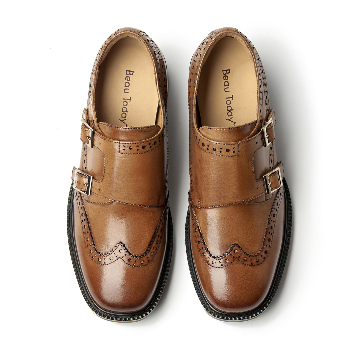 BEAU TODAY Monk Strap Brogue Loafer Shoes with Square Toe for Women Business Casual Vintage Dress Shoes