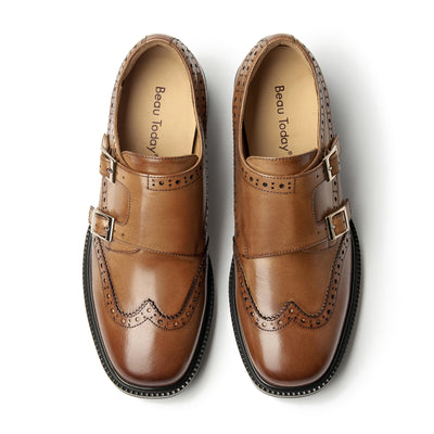 BEAU TODAY Monk Strap Brogue Loafer Shoes with Square Toe for Women Business Casual Vintage Dress Shoes