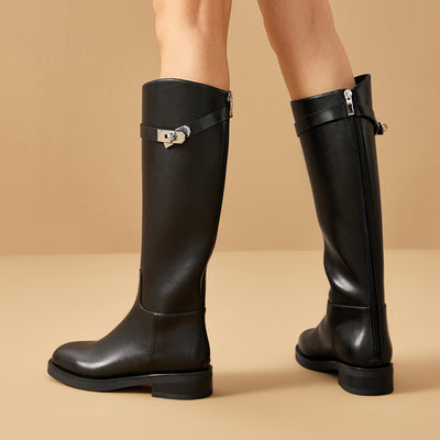 BeauToday Women's Premium Leather Knee High Boots with Side Buckle Design