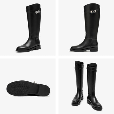 BeauToday Women's Premium Leather Knee High Boots with Side Buckle Design