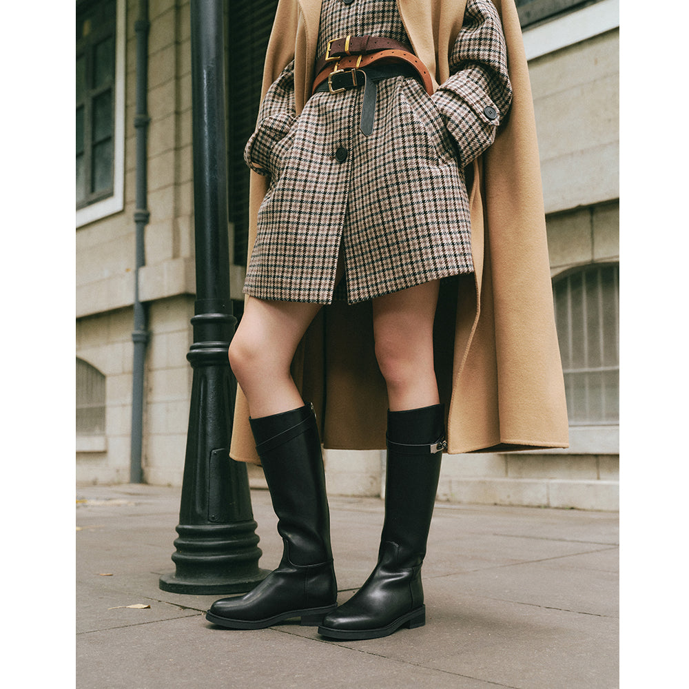 BeauToday Women's Cow Leather Knee High Boots with Side Buckle Design