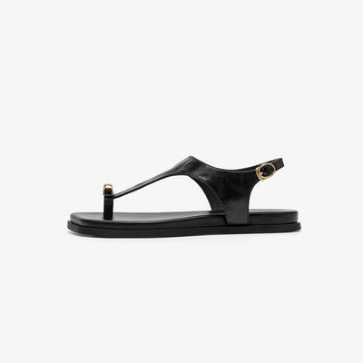 BeauToday Women's Genuine Leather Flat Sandals with Clip Metallic Toe Ring