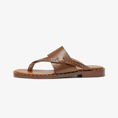 BeauToday Women's Leather Flip Flop Sandals Casual Flat Toe Post Slides for Vacation