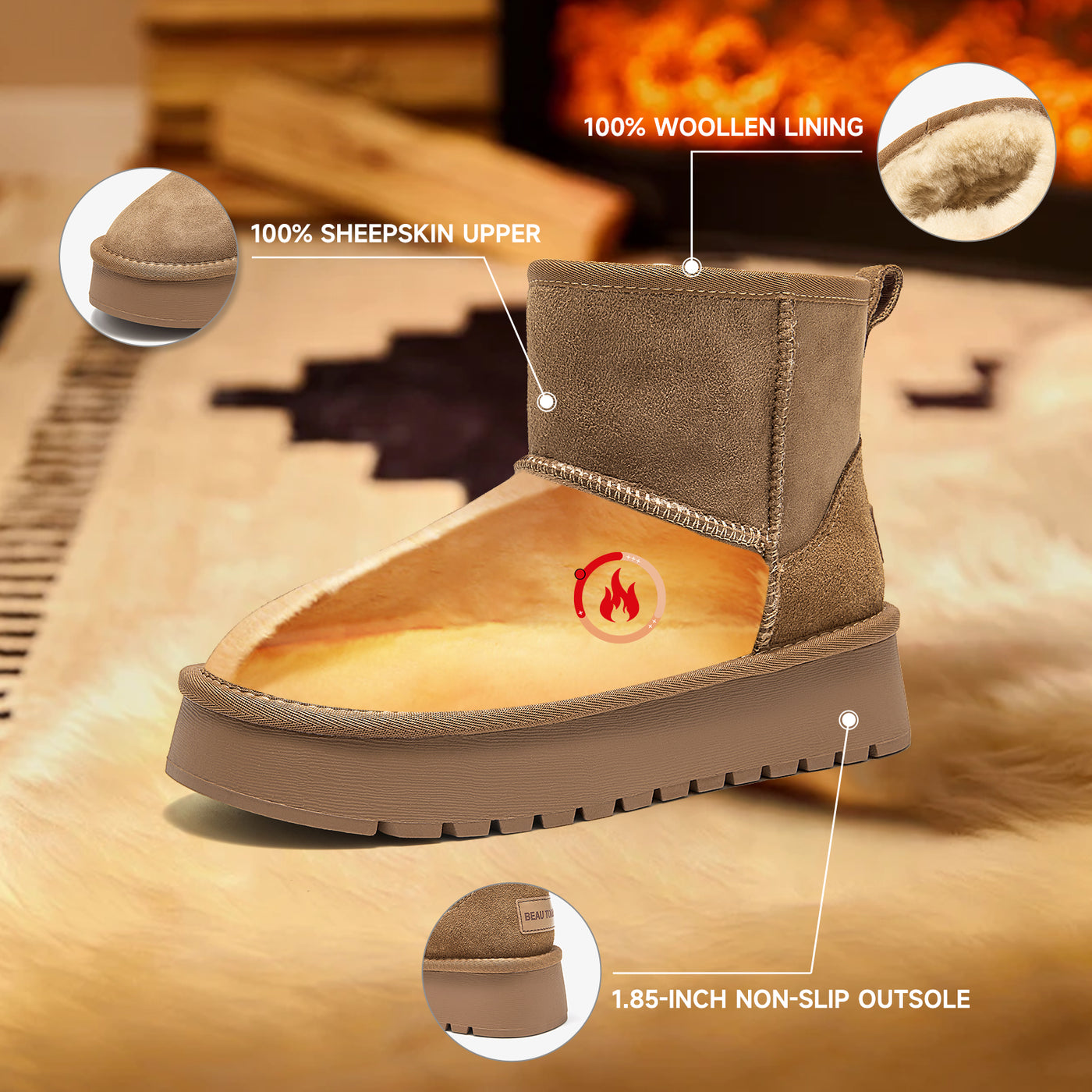 BeauToday Waterproof Platform Mini Boots with Premuim Wool Fur Lined for Women