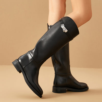 BeauToday Women's Premium Leather Knee High Boots with Side Buckle Design