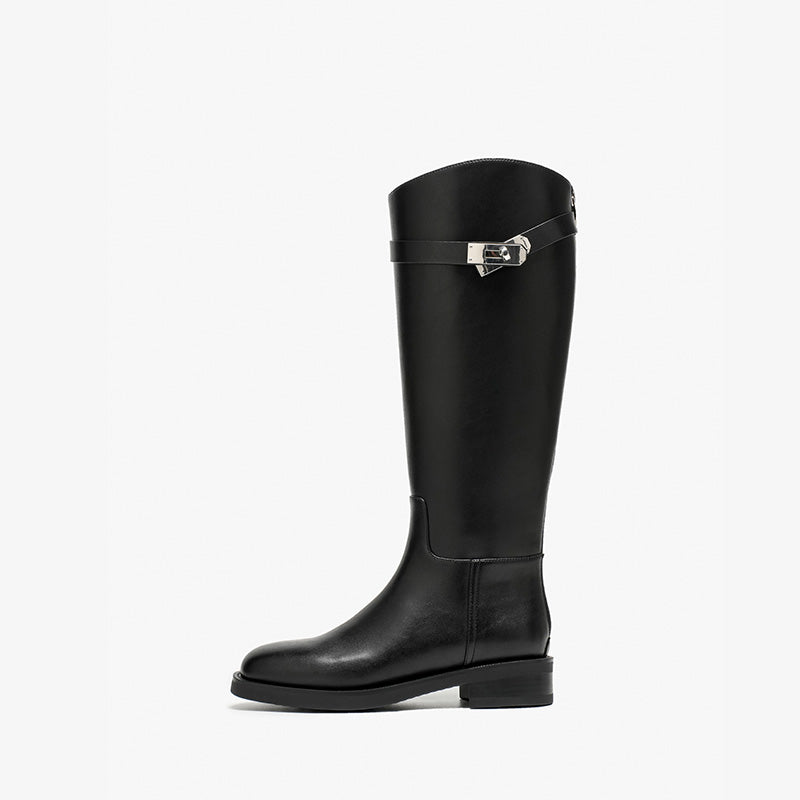 BeauToday Women's Premium Leather Knee High Boots with Side Buckle Design