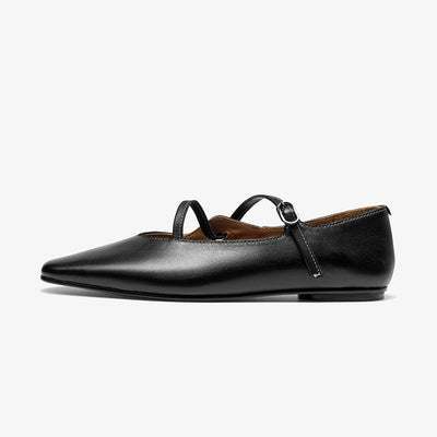 BeauToday Horsehide Pointed Toe Mary Janes Flats with Strappy Design for Women