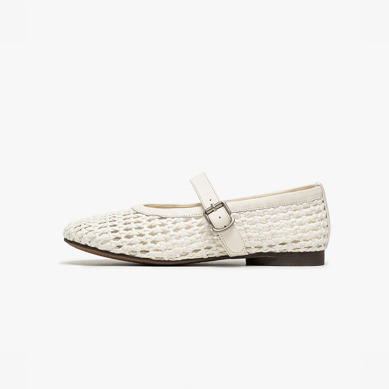 BeauToday Women's Leather Woven Hollow Mary Jane Flats with Buckle Design