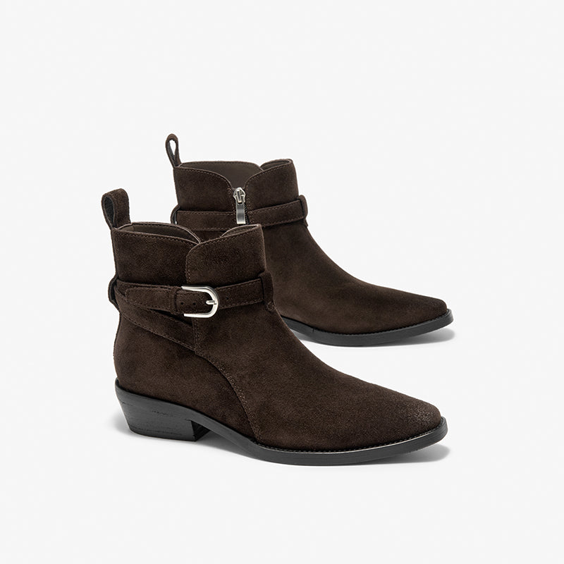 BeauToday Suede Chelsea Boots with Buckle Decor Pointed Toe Ankle Boots for Women