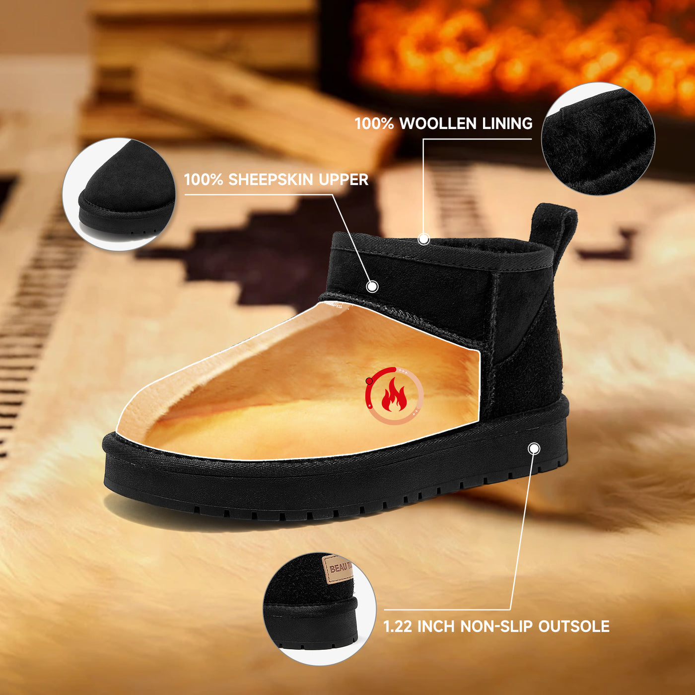 BeauToday Women's Wool Fur Lined  Mini Platform Ankle Boots