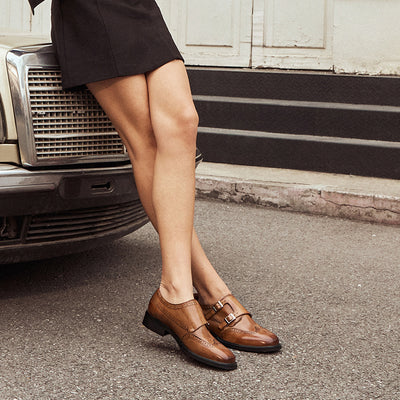 BEAU TODAY Monk Strap Brogue Loafer Shoes with Square Toe for Women Business Casual Vintage Dress Shoes
