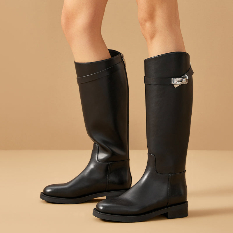 BeauToday Women's Premium Leather Knee High Boots with Side Buckle Design