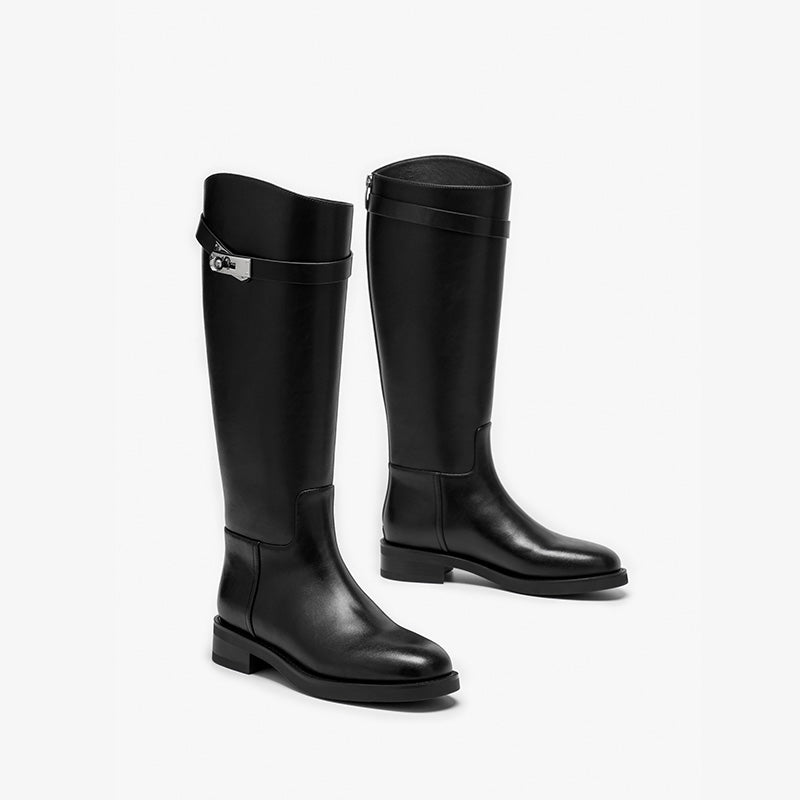 BeauToday Women's Premium Leather Knee High Boots with Side Buckle Design