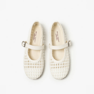 BeauToday Women's Leather Woven Hollow Mary Jane Flats with Buckle Design