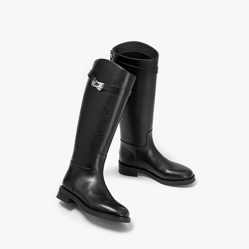 BeauToday Women's Premium Leather Knee High Boots with Side Buckle Design