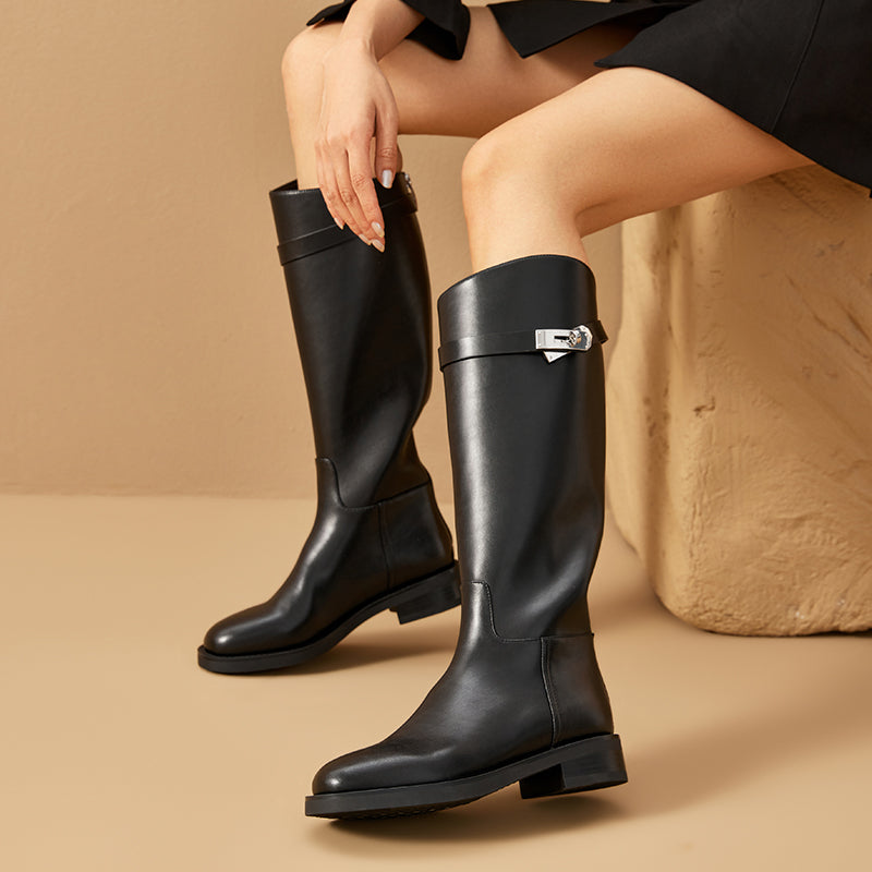 BeauToday Women's Premium Leather Knee High Boots with Side Buckle Design