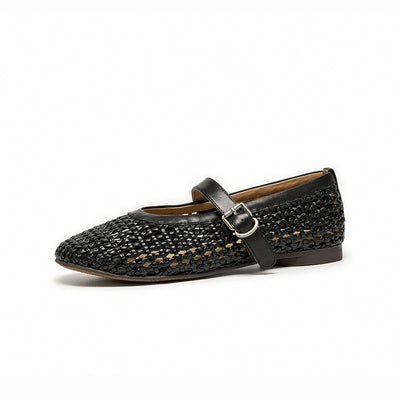 BeauToday Women's Leather Woven Hollow Mary Jane Flats with Buckle Design