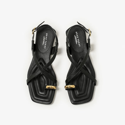 BeauToday Metallic Toe Strap Leather Sandals with Designed Square Toe for Women