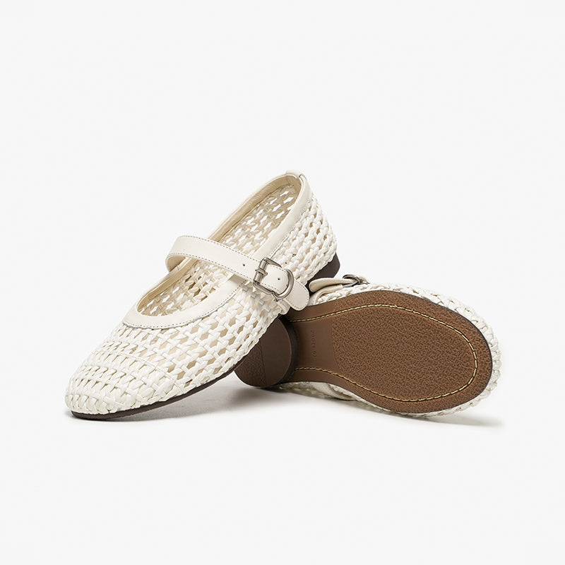 BeauToday Women's Leather Woven Hollow Mary Jane Flats with Buckle Design