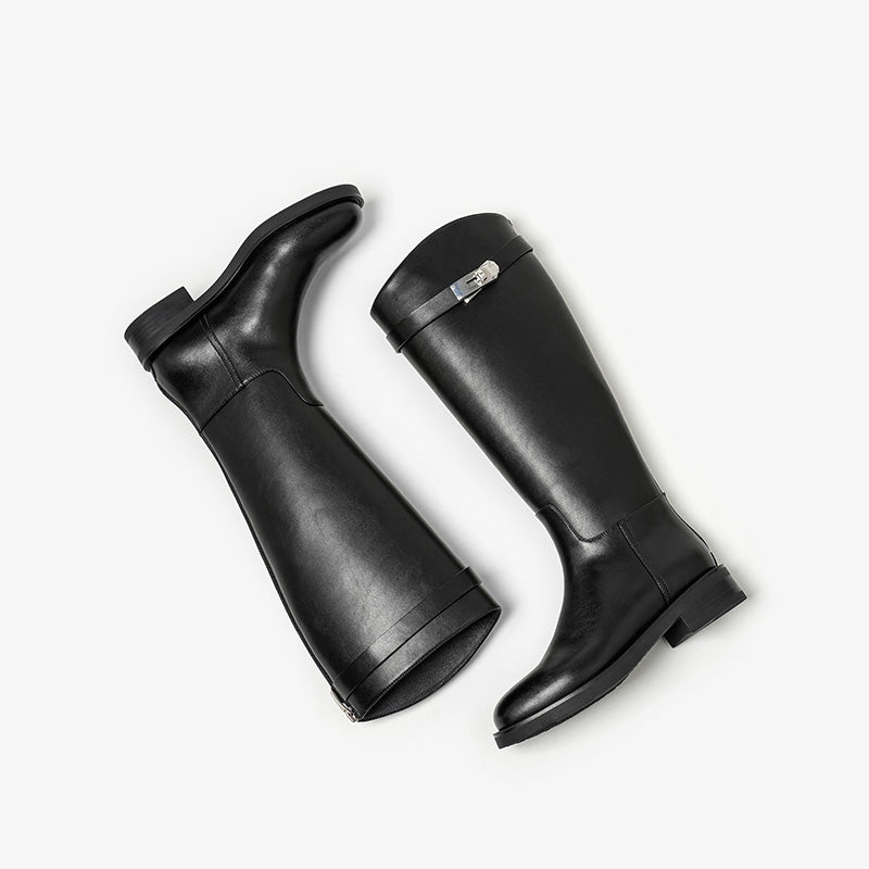 BeauToday Women's Premium Leather Knee High Boots with Side Buckle Design