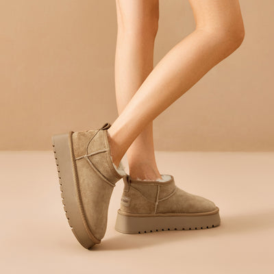 BEAU TODAY Womens Platform  Mini Boots Pull-on Snow Boots with Genuine Sheepskin Mini Boots for Winter