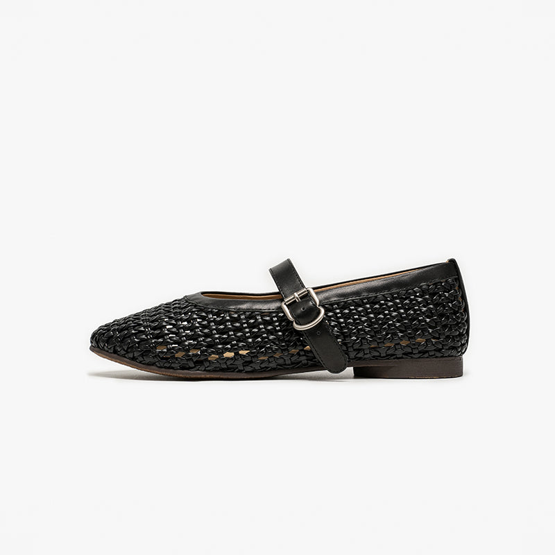 BeauToday Women's Leather Woven Hollow Mary Jane Flats with Buckle Design