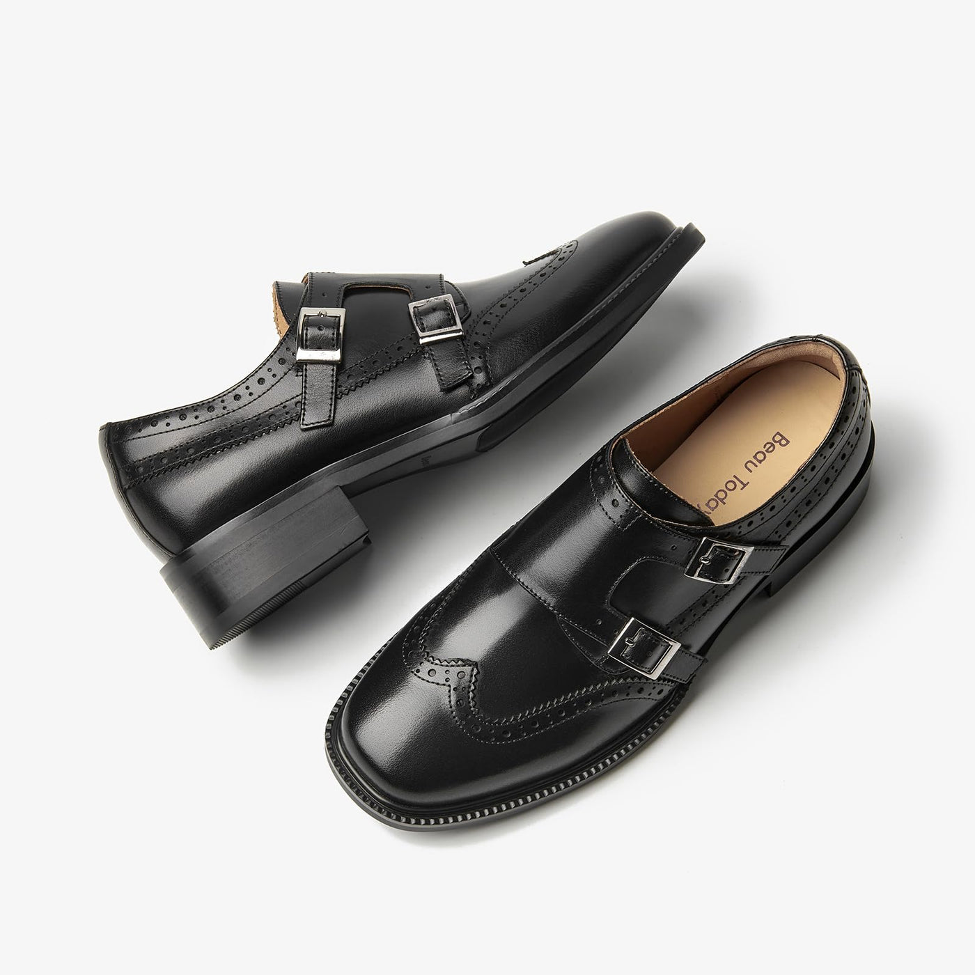 BEAU TODAY Monk Strap Brogue Loafer Shoes with Square Toe for Women Business Casual Vintage Dress Shoes