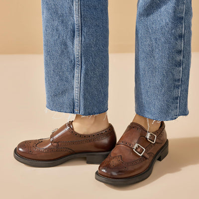 BEAU TODAY Monk Strap Brogue Loafer Shoes with Square Toe for Women Business Casual Vintage Dress Shoes