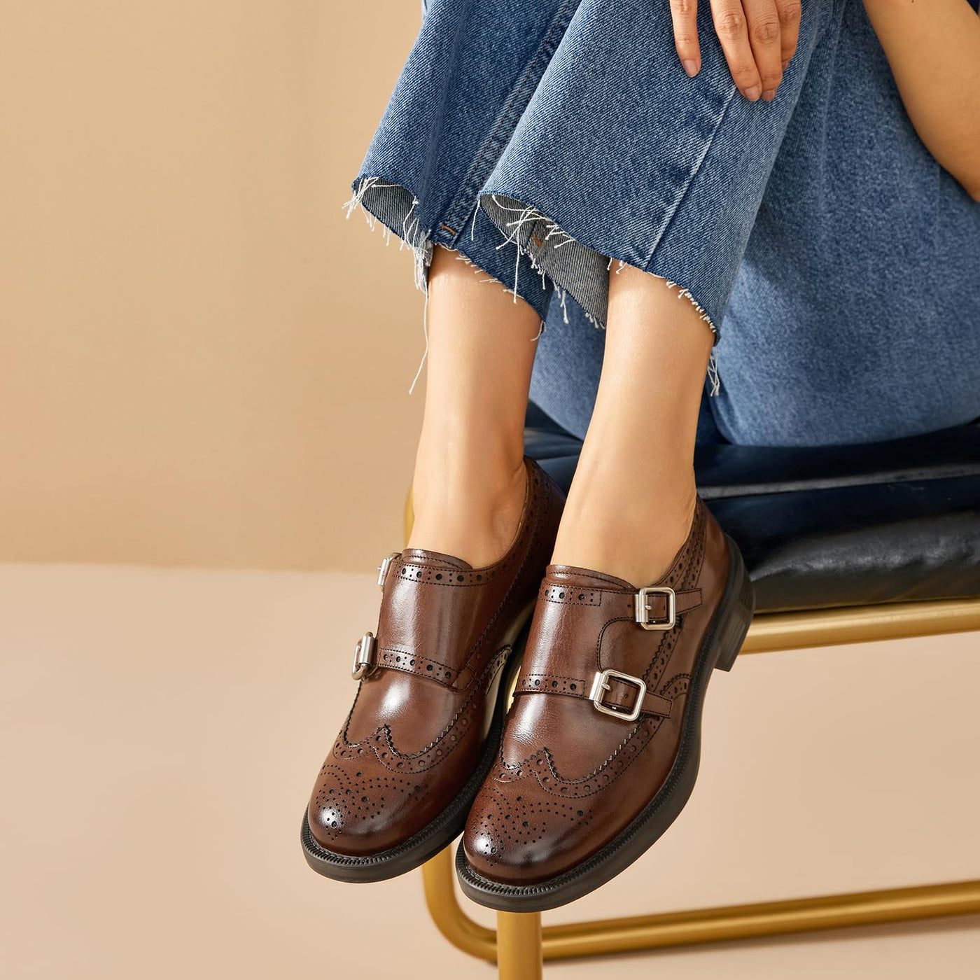 BEAU TODAY Monk Strap Brogue Loafer Shoes with Square Toe for Women Business Casual Vintage Dress Shoes