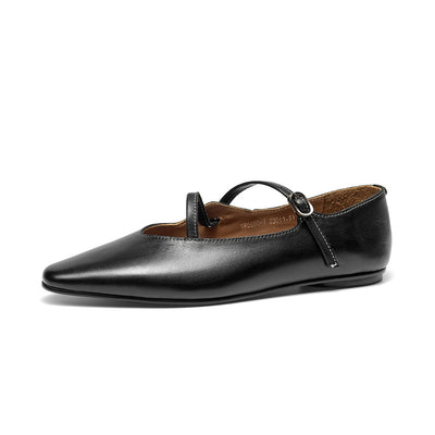 BeauToday Horsehide Pointed Toe Mary Janes Flats with Strappy Design for Women