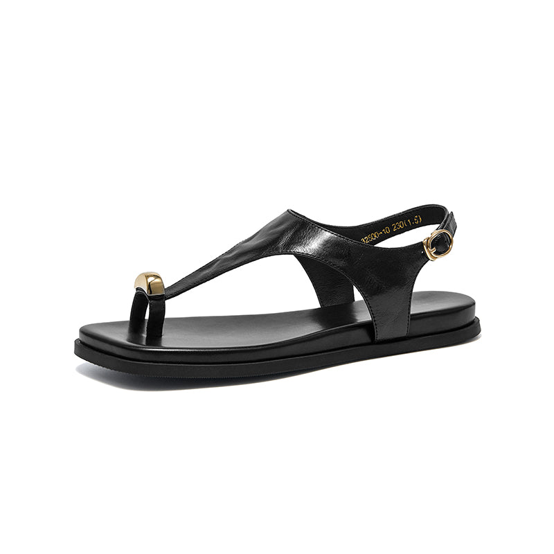 BeauToday Women's Genuine Leather Flat Sandals with Clip Metallic Toe Ring