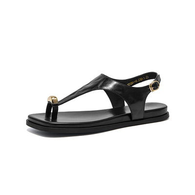 BeauToday Women's Genuine Leather Flat Sandals with Clip Metallic Toe Ring