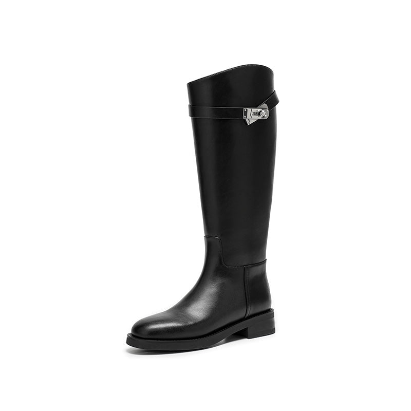 BeauToday Women's Premium Leather Knee High Boots with Side Buckle Design