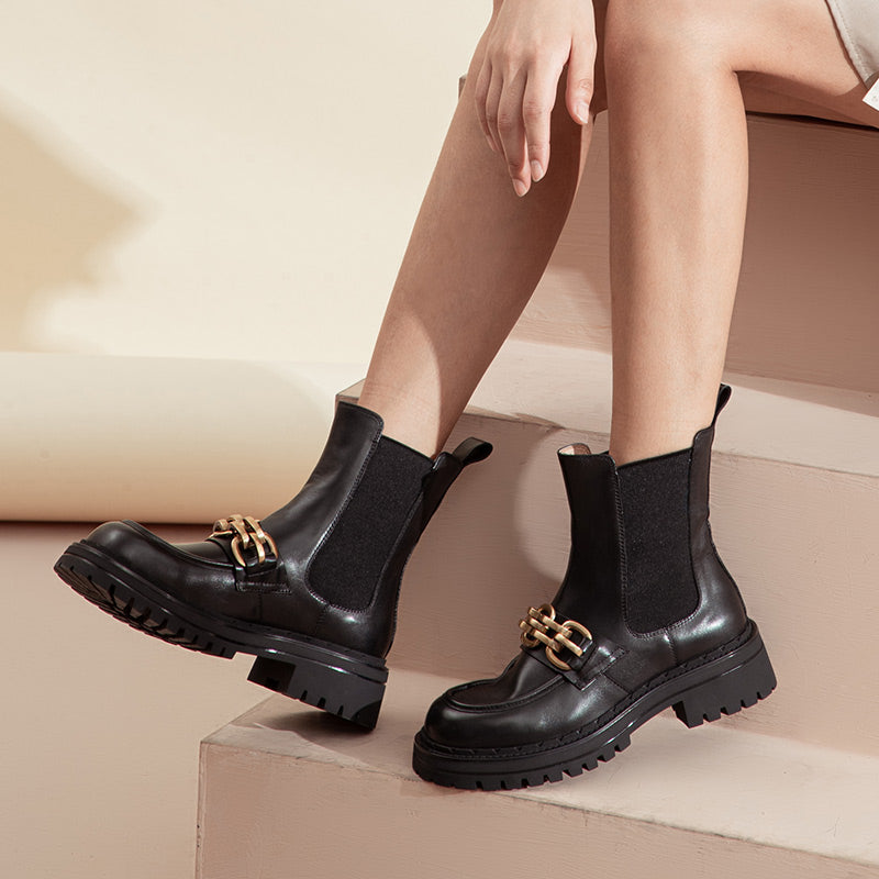BeauToday Ankle Boots for Women with Metal Chain Decor BEAU TODAY