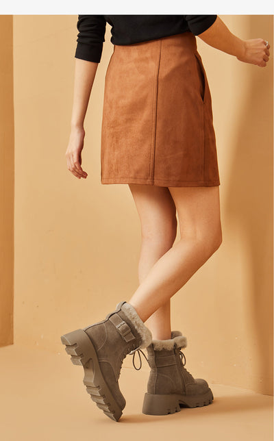 BeauToday Buckle Strap Decor Platform  Ankle Boots for Women Winter BEAU TODAY