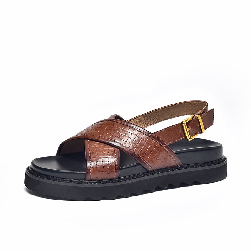 BeauToday Chunky Solid Color Leather Sandals for Women BEAU TODAY