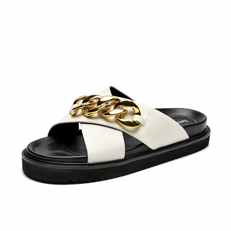 BeauToday Cross Band Slippers for Women with Metal Decor BEAU TODAY