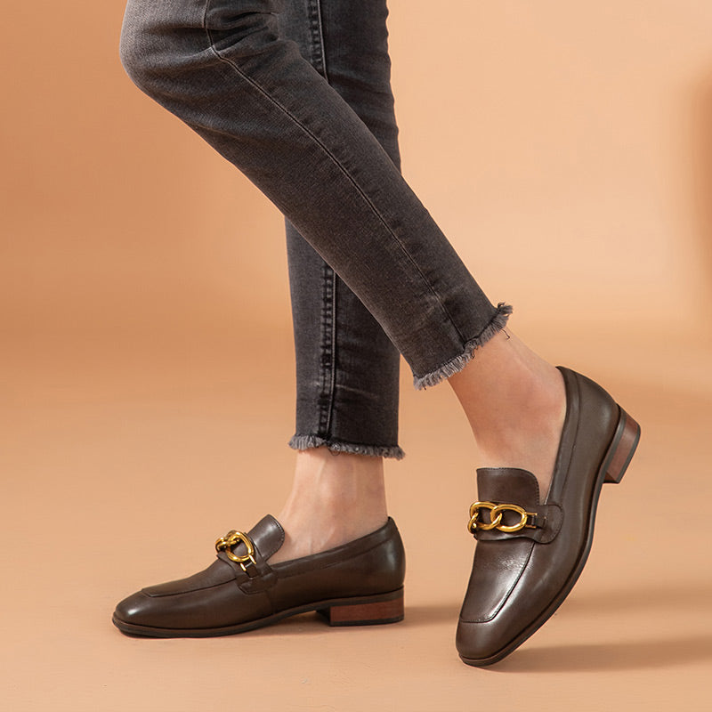 BeauToday Leather Loafers for Women with Metal Chain Decor BEAU TODAY