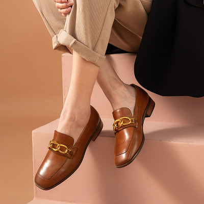 BeauToday Leather Loafers for Women with Metal Chain Decor BEAU TODAY