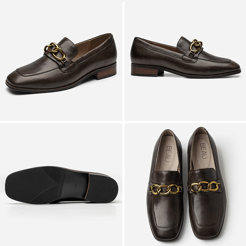 BeauToday Leather Loafers for Women with Metal Chain Decor BEAU TODAY