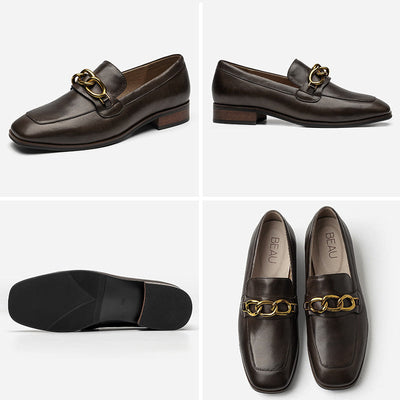 BeauToday Leather Loafers for Women with Metal Chain Decor BEAU TODAY