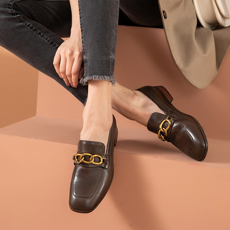 BeauToday Leather Loafers for Women with Metal Chain Decor BEAU TODAY